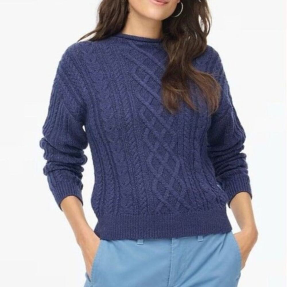 J Crew Mockneck Cable Knit Sweater Antique Navy Blue Cotton Blend Heritage Small